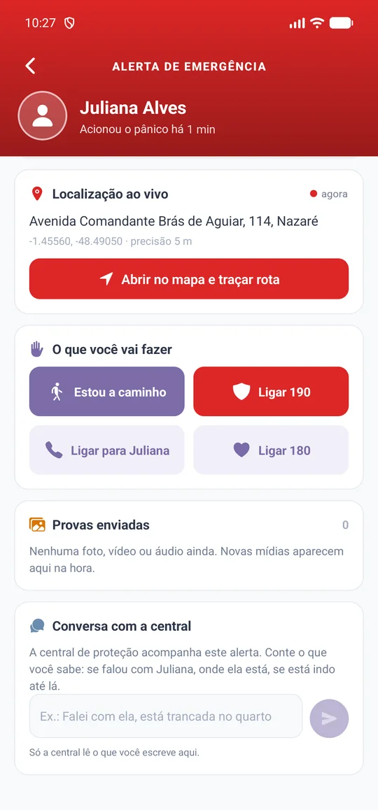 Alerta recebido com a localização de Juliana