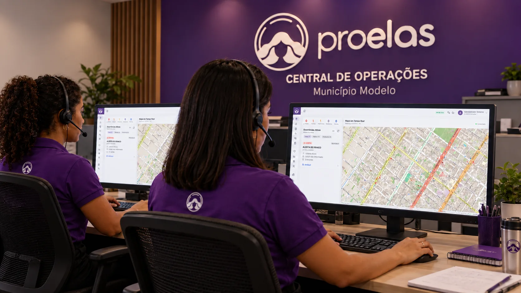 Operadoras da central do ProElas acompanhando atendimentos no mapa